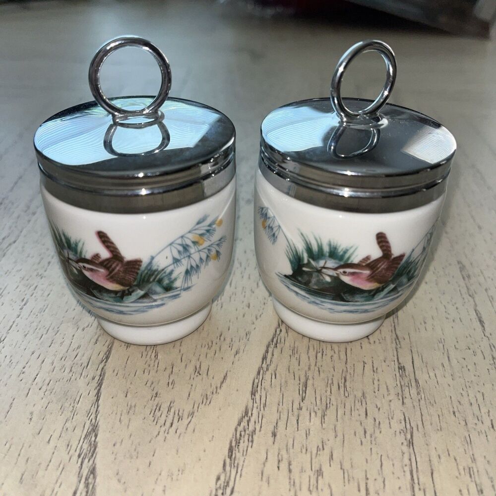 Pair of Vintage Royal Worcester Egg Coddlers w/ Song Birds Wren Finches EUC